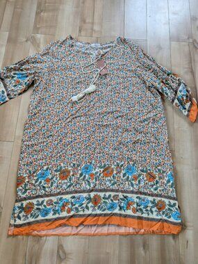 HOTOUCH 2XL Floral Boho Tunic Dress NWT Rayon Tassel Bell Sleeve